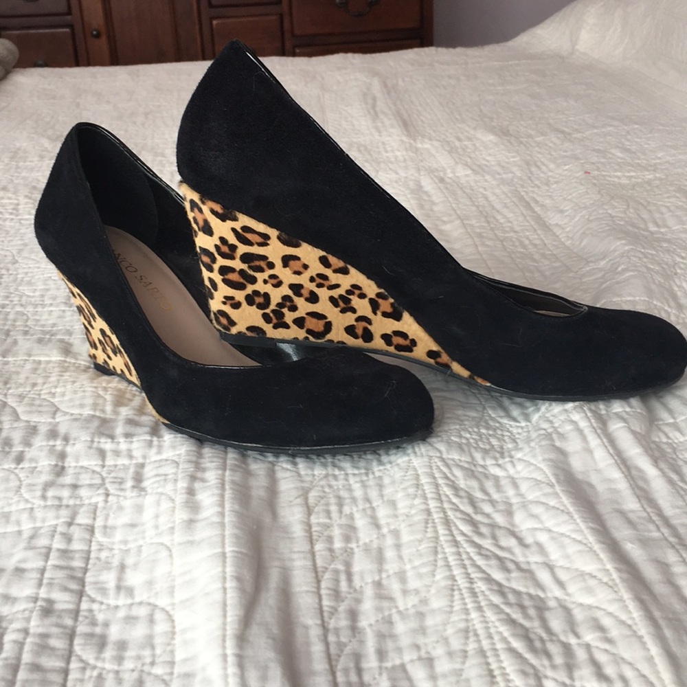 Franco Sarto black suede wedge with leopard heals